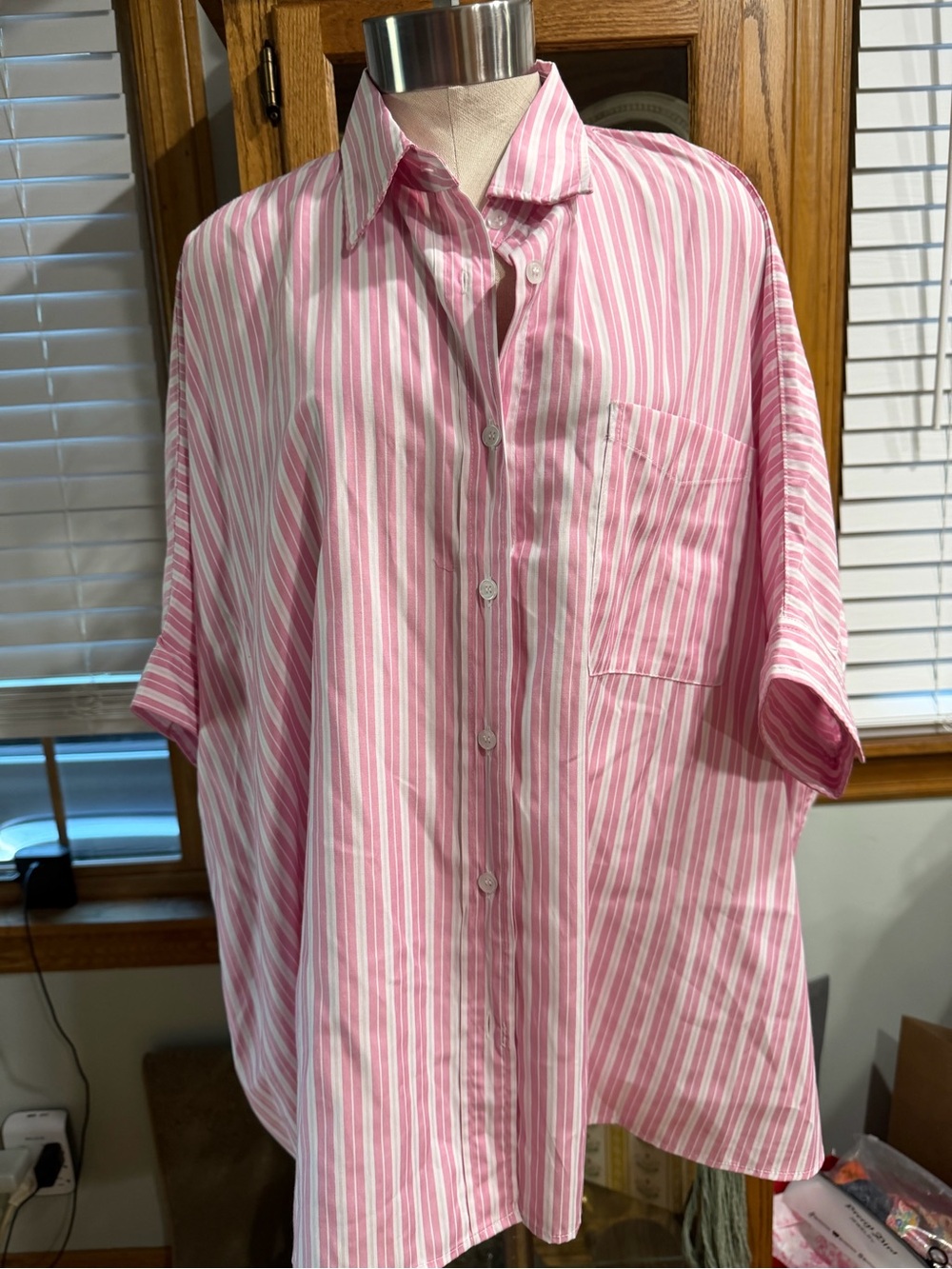 First Love Oversized Pink and White Striped Button Front Blouse